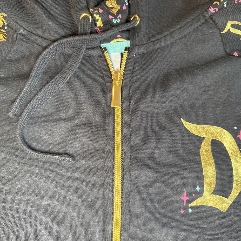 Disney Parks Disneyland Zip Hoodie 2XL Black Gold Foil Castle Vacation Cozy - Picture 11 of 16